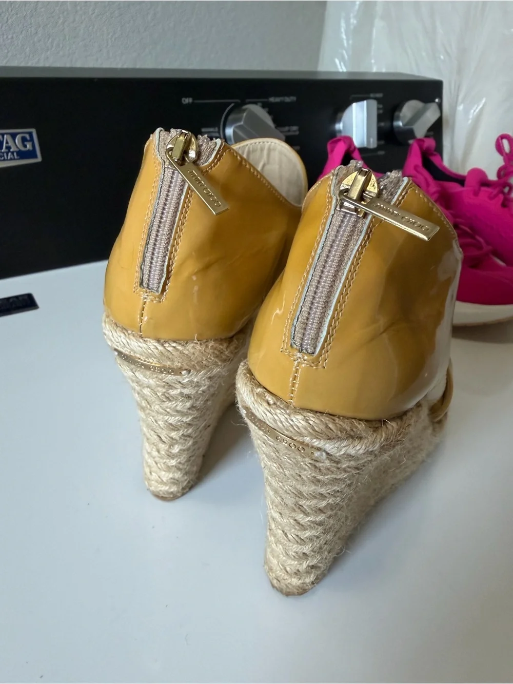 Jimmy Choo Patent Leather Espadrille Wedge Sandals Mustard Gold EU 39 US 9